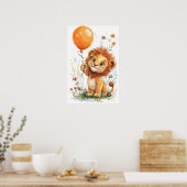 Whimsical Cartoon Lion Cub Holding Balloon Digital ポスター (キッチン)