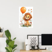 Whimsical Cartoon Lion Cub Holding Balloon Digital ポスター (ホームオフィス)