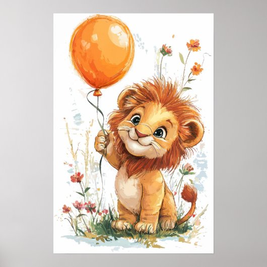 Whimsical Cartoon Lion Cub Holding Balloon Digital ポスター (正面)