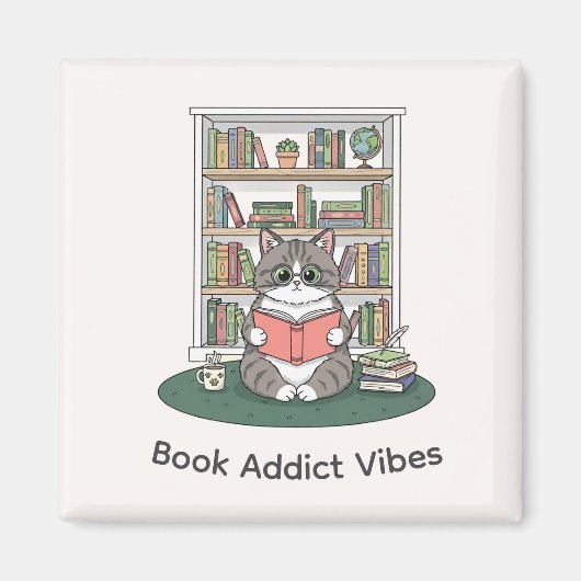 Whimsical Cat Glasses Reading Bookshelf Cute Decor マグネット (正面)