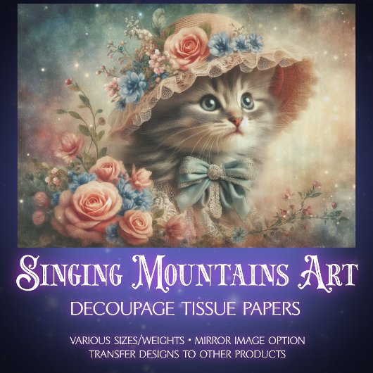 Whimsical Cat In Floral Hat Decoupage  薄葉紙