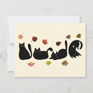Whimsical Cat Line Art with Autumn Leaves ポストカード