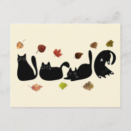 Whimsical Cat Line Art with Autumn Leaves  ポストカード