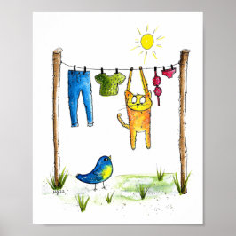 Whimsical Cat on a Clothesline ポスター