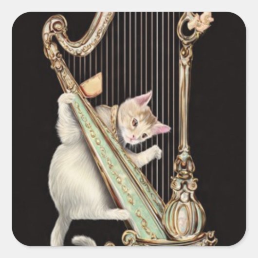 Whimsical Cat – Ornate Harp Sticker スクエアシール (正面)