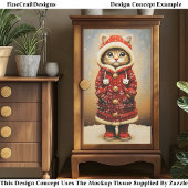  Whimsical Cat, Red Coat, Snow EJ5 Decoupage 薄葉紙