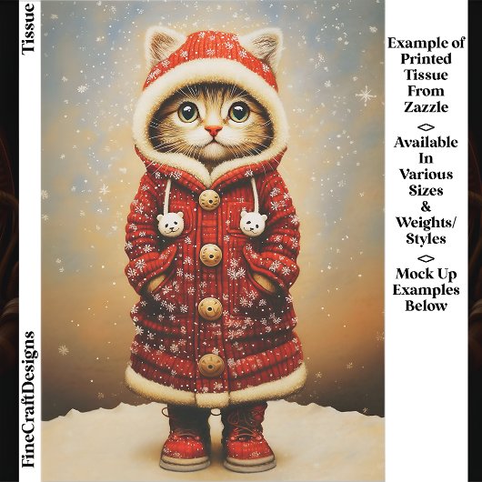  Whimsical Cat, Red Coat, Snow EJ5 Decoupage 薄葉紙
