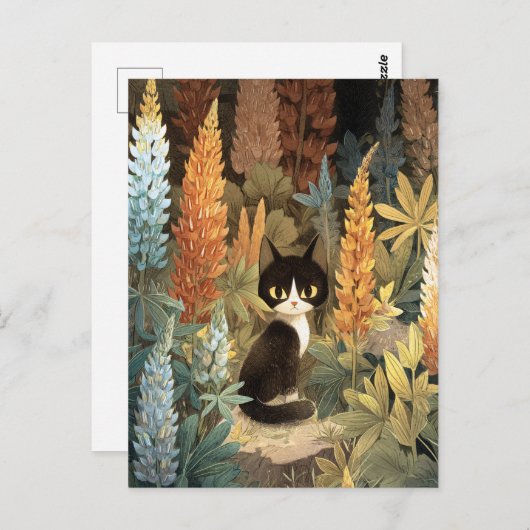 Whimsical Cat Sitting Among Vibrant Lupine Flowers ポストカード (正面/裏面)