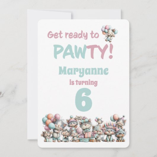 Whimsical Cat Watercolor Birthday Invitation 招待状 (正面)