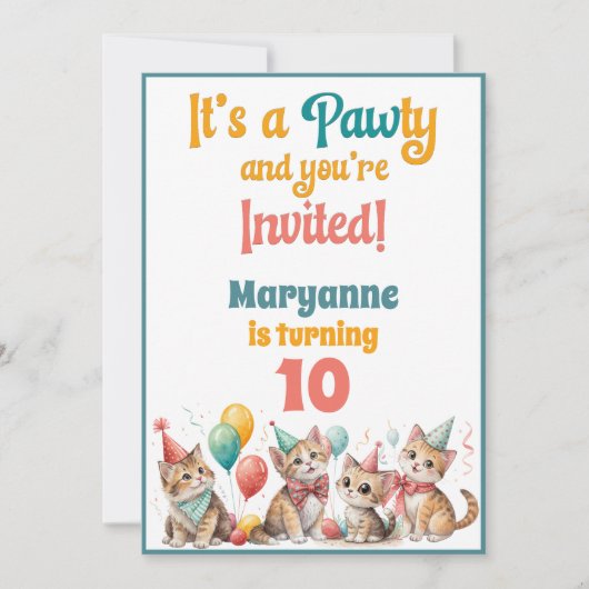 Whimsical Cat Watercolor Birthday Invitation 招待状 (正面)