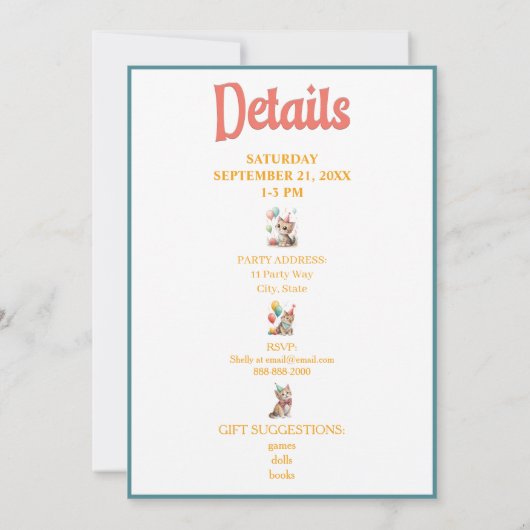 Whimsical Cat Watercolor Birthday Invitation 招待状 (裏面)