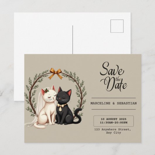 Whimsical Cat Wedding Save the Date  ポストカード (正面/裏面)