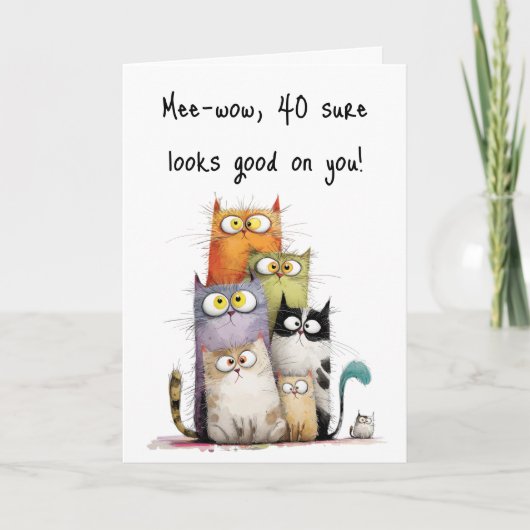 Whimsical Cats Big Eyes 40th Birthday Greeting カード (正面)