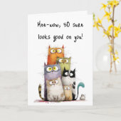 Whimsical Cats Big Eyes 50th Birthday Greeting カード (黄色い花)