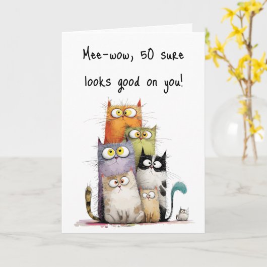 Whimsical Cats Big Eyes 50th Birthday Greeting カード (黄色い花)