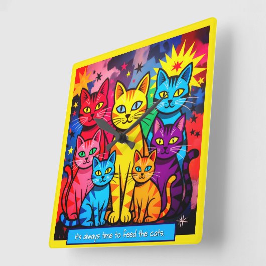 [Whimsical Cats] Modern Pop Art Colorful スクエア壁時計 (傾斜)