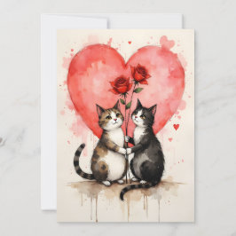 Whimsical Cats Valentine Hearts and Red Roses カード