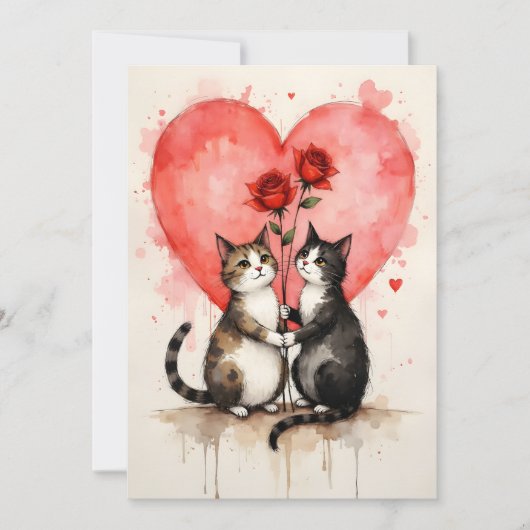 Whimsical Cats Valentine Hearts and Red Roses カード (正面)