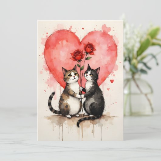 Whimsical Cats Valentine Hearts and Red Roses カード (スタンド正面)