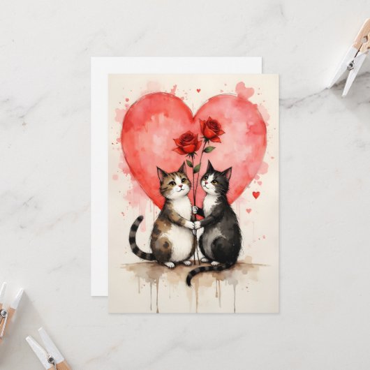 Whimsical Cats Valentine Hearts and Red Roses カード (正面/裏面インサイチュ)