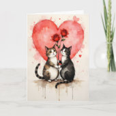 Whimsical Cats Valentine Hearts and Red Roses カード (正面)