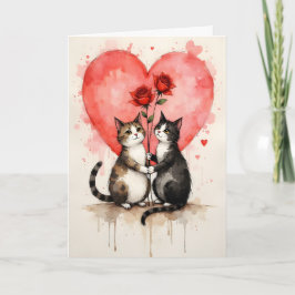 Whimsical Cats Valentine Hearts and Red Roses カード