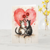 Whimsical Cats Valentine Hearts and Red Roses カード (黄色い花)
