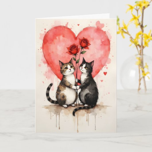 Whimsical Cats Valentine Hearts and Red Roses カード (黄色い花)