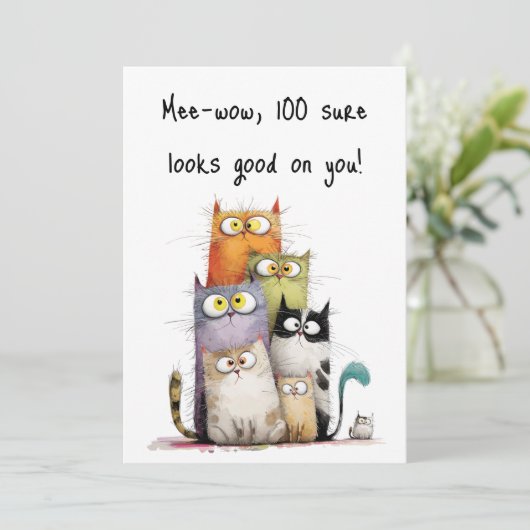 Whimsical Cats with Big Eyes 100th Birthday Flat カード (スタンド正面)