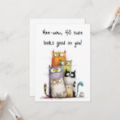Whimsical Cats with Big Eyes 40th Birthday Flat カード (正面/裏面インサイチュ)