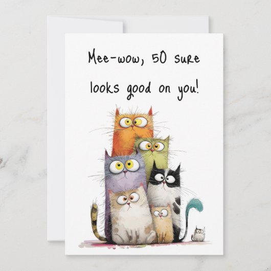 Whimsical Cats with Big Eyes 50th Birthday Flat カード (正面)
