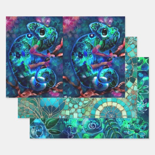 Whimsical Chameleon Floral Blue Green Decoupage ラッピングペーパーシート (セット)