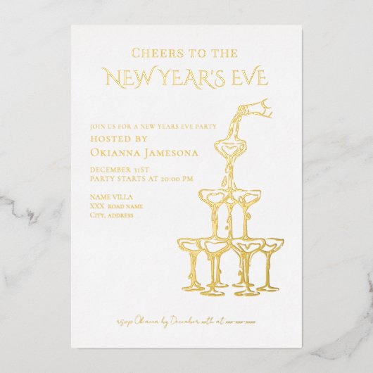 Whimsical Champagne New Year's Eve Party 箔招待状 (正面)
