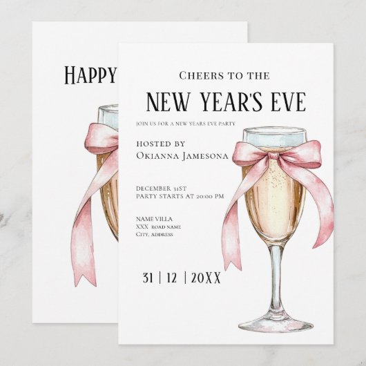 Whimsical Champagne New Year's Eve Party Invitat 招待状 (正面/裏面)