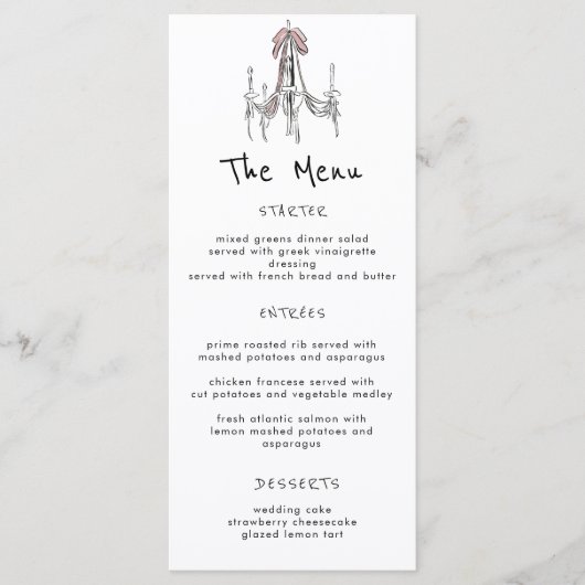 Whimsical Chandelier Dessert Cake Wedding Menu メニュー (正面)