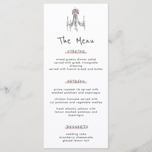Whimsical Chandelier Dessert Cake Wedding Menu メニュー (正面)