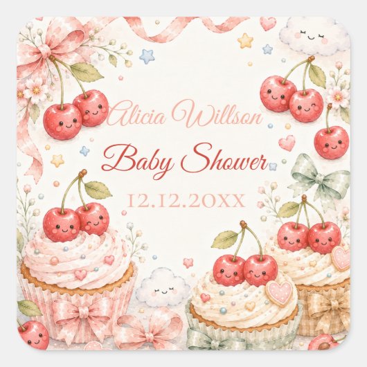 Whimsical Cherry Baby Shower スクエアシール (正面)