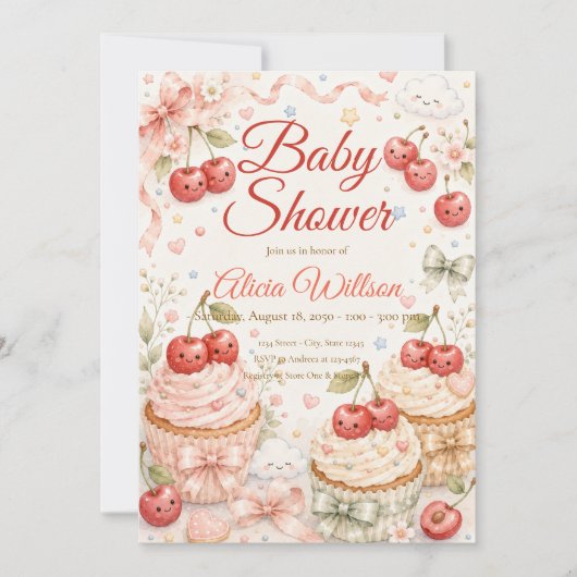 Whimsical Cherry Baby Shower 招待状 (正面)