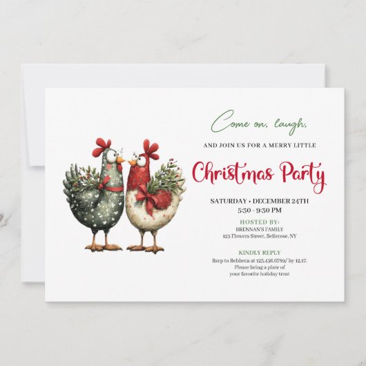 Whimsical Chickens Cartoon Christmas Party Invites 招待状 (正面)
