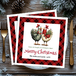 Whimsical chickens Christmas napkins editable name スタンダードカクテルナプキン