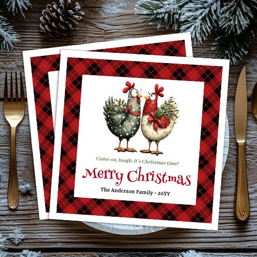 Whimsical chickens Christmas napkins editable name スタンダードカクテルナプキン