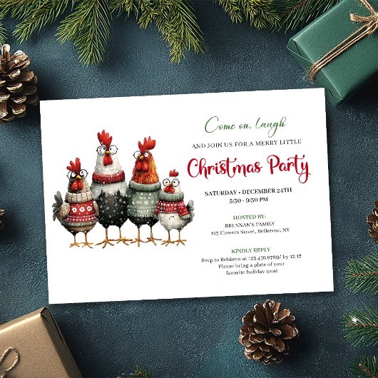 Whimsical Chickens Festive Cartoon Party Invite 招待状