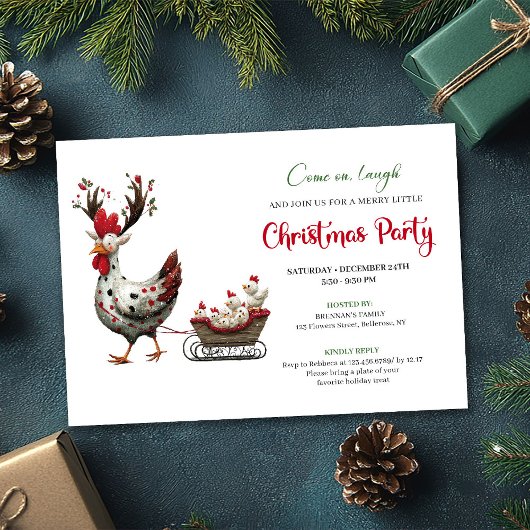 Whimsical Chickens Minimalist Christmas Party Card 招待状