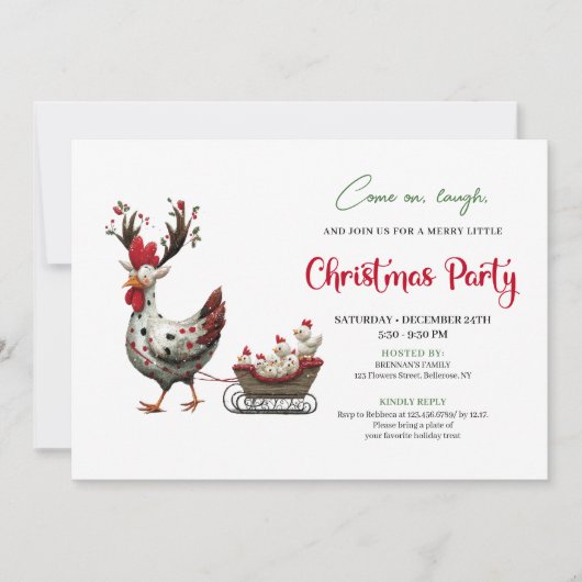 Whimsical Chickens Minimalist Christmas Party Card 招待状 (正面)