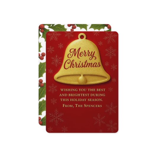 Whimsical Christmas Bell & Holly Photo シーズンカード (正面/裏面インサイチュ)