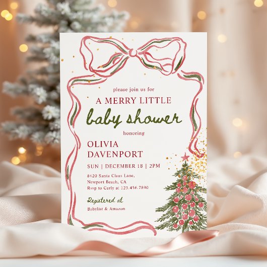 Whimsical Christmas Bow Merry Little Baby Shower 招待状