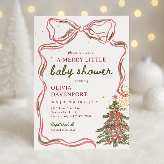 Whimsical Christmas Bow Merry Little Baby Shower 招待状
