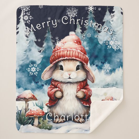 Whimsical Christmas Bunny Personalized シェルパブランケット (正面)