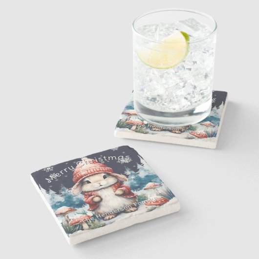 Whimsical Christmas Bunny Personalized ストーンコースター (横)