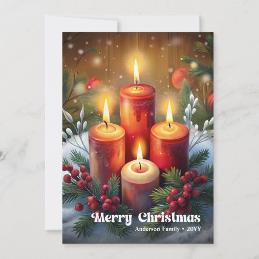 Whimsical Christmas candle rustic pine wreath card シーズンカード (正面)